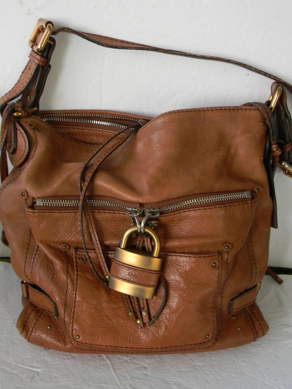 CHLOE PADDINGTON TAN/BROWN LEATHER LARGE SHOULDER BAG PADLOCK/KEY MADE IN ITALY